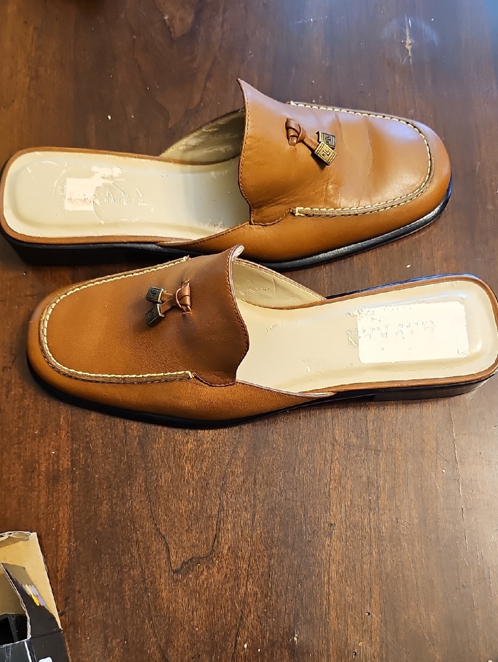 Ralph Lauren Cognac Leather Slip-On Mules with Tassel Detail